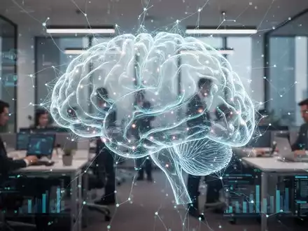 Eine futuristische, leuchtende KI-Struktur überlagert eine moderne Büroumgebung mit arbeitenden Fachkräften, symbolisiert Innovation und Regulierung. - Foto: über boerse-global.de