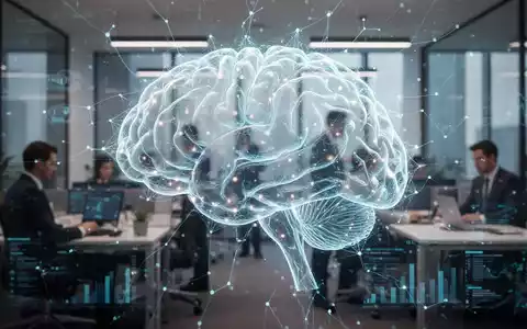 Eine futuristische, leuchtende KI-Struktur überlagert eine moderne Büroumgebung mit arbeitenden Fachkräften, symbolisiert Innovation und Regulierung. - Foto: über boerse-global.de