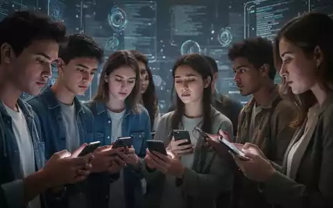 Junge Erwachsene nutzen Smartphones mit müden oder abgelenkten Ausdrücken, während andere sich persönlich unterhalten oder wegblicken. - Foto: über boerse-global.de