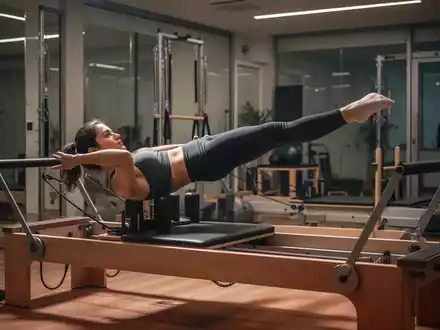 Eine Person führt eine Pilates-Übung auf einem Reformer durch, die die Rumpfmuskulatur stärkt, in einem modernen Fitnessstudio. - Foto: über boerse-global.de