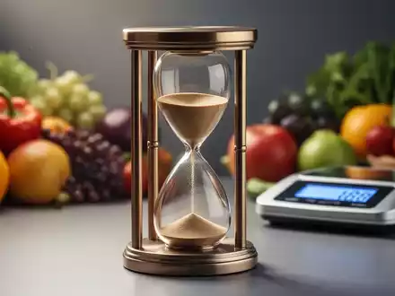 Eine stilisierte Sanduhr, die Zeit und Intervallfasten symbolisiert, mit gesunden Lebensmitteln und einer Waage im Hintergrund. - Foto: über boerse-global.de