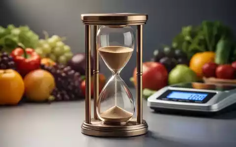 Eine stilisierte Sanduhr, die Zeit und Intervallfasten symbolisiert, mit gesunden Lebensmitteln und einer Waage im Hintergrund. - Foto: über boerse-global.de