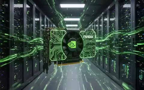 Nahaufnahme einer leuchtend grünen Platine mit NVIDIA-GPU, umgeben von digitalen Datenströmen, die KI-RAN-Technologie symbolisieren. - Foto: über boerse-global.de