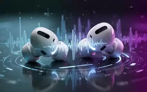 Nahaufnahme von Apple AirPods Pro mit futuristischem, leuchtendem Interface-Overlay, das Schallwellen-Equalizer andeutet. - Foto: über boerse-global.de