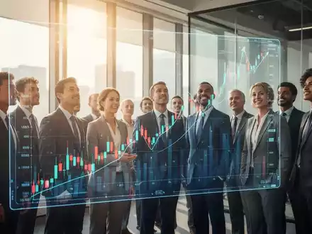 Eine Gruppe von Geschäftsleuten betrachtet eine digitale Anzeige mit einem aufsteigenden Börsenkursdiagramm in einem modernen Büro. - Foto: über boerse-global.de