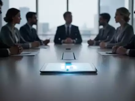 Ein stilisierter Konferenztisch mit einem leuchtenden digitalen Tablet, das ein LinkedIn-Logo zeigt. Unscharfe Silhouetten von Fachleuten um den Tisch herum. - Foto: über boerse-global.de