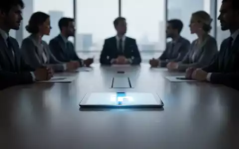 Ein stilisierter Konferenztisch mit einem leuchtenden digitalen Tablet, das ein LinkedIn-Logo zeigt. Unscharfe Silhouetten von Fachleuten um den Tisch herum. - Foto: über boerse-global.de