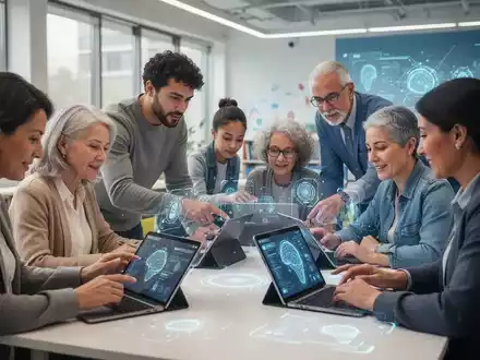 Eine vielfältige Gruppe von Erwachsenen lernt in einem modernen Bildungszentrum mit Tablets und Laptops. Digitale Lerninhalte sind auf Bildschirmen zu sehen. - Foto: über boerse-global.de
