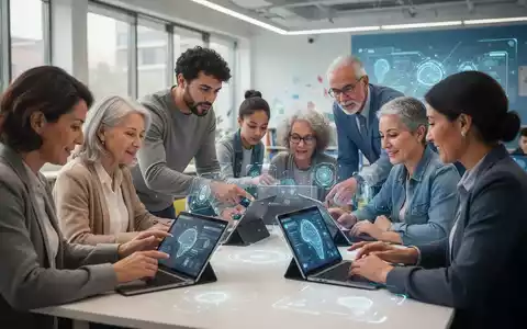 Eine vielfältige Gruppe von Erwachsenen lernt in einem modernen Bildungszentrum mit Tablets und Laptops. Digitale Lerninhalte sind auf Bildschirmen zu sehen. - Foto: über boerse-global.de