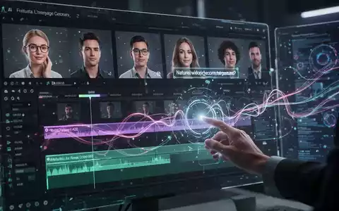 Stilisierte Hand interagiert mit holografischer Videobearbeitungssoftware, KI-Avatare und Texteingaben sichtbar. - Foto: über boerse-global.de
