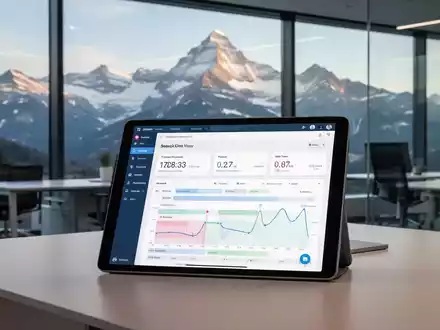 Digitales Tablet mit Zeiterfassungssoftware vor einem Fenster mit Blick auf die Schweizer Alpen, symbolisiert Homeoffice und Zeiterfassung. - Foto: über boerse-global.de