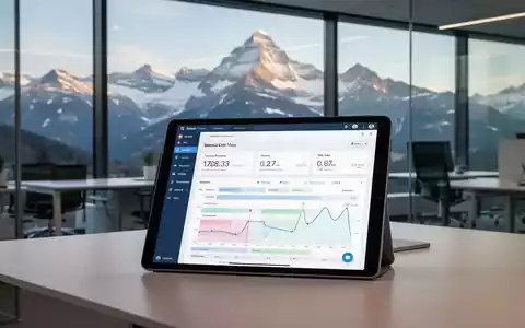 Digitales Tablet mit Zeiterfassungssoftware vor einem Fenster mit Blick auf die Schweizer Alpen, symbolisiert Homeoffice und Zeiterfassung. - Foto: über boerse-global.de