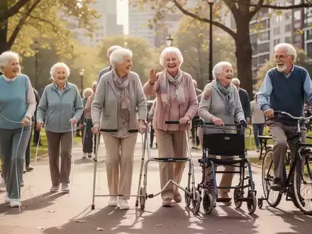 Ältere Menschen nehmen an verschiedenen Aktivitäten im Freien teil, darunter ein Fahrradtraining und ein Spaziergang im Park. - Foto: über boerse-global.de
