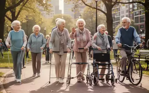 Ältere Menschen nehmen an verschiedenen Aktivitäten im Freien teil, darunter ein Fahrradtraining und ein Spaziergang im Park. - Foto: über boerse-global.de