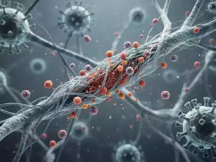 Mikroskopische Ansicht von Nervenzellen mit beschädigten Myelinscheiden, umgeben von T-Zellen und dem Epstein-Barr-Virus. - Foto: über boerse-global.de