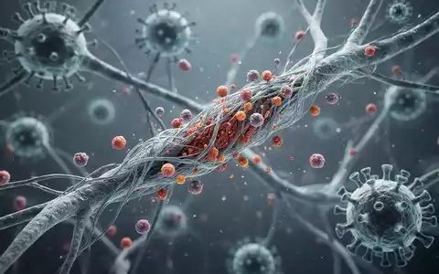 Mikroskopische Ansicht von Nervenzellen mit beschädigten Myelinscheiden, umgeben von T-Zellen und dem Epstein-Barr-Virus. - Foto: über boerse-global.de