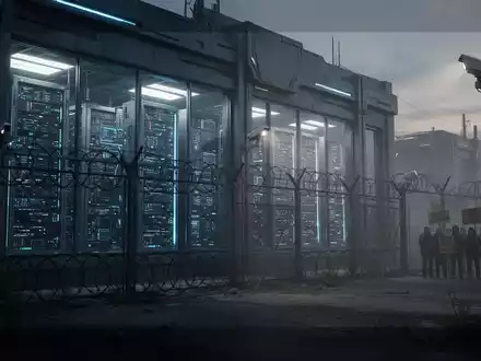 Verlassene, futuristische Datenzentrale in der Dämmerung mit sichtbaren Serverracks und Sicherheitsmerkmalen. Im Hintergrund Protestierende. - Foto: über boerse-global.de