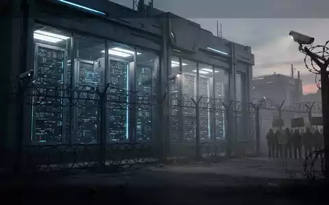 Verlassene, futuristische Datenzentrale in der Dämmerung mit sichtbaren Serverracks und Sicherheitsmerkmalen. Im Hintergrund Protestierende. - Foto: über boerse-global.de