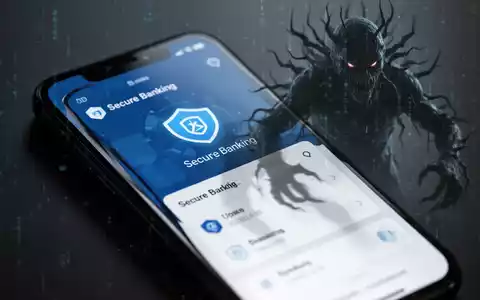 Ein Smartphone mit einer Banking-App auf dem Bildschirm. Im Hintergrund sind schemenhafte digitale Bedrohungen angedeutet. - Foto: ĂŒber boerse-global.de