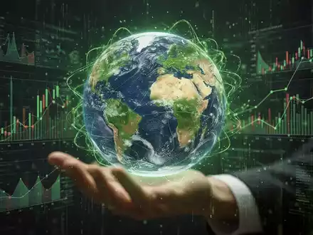 Eine stilisierte Weltkugel, umgeben von grünen Energielinien und Finanzdaten, symbolisiert nachhaltige Investitionen und ESG-Kriterien. - Foto: über boerse-global.de