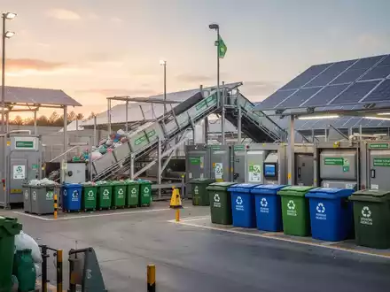 Eine moderne Abfallentsorgungsanlage mit Recyclingbehältern und Förderbändern unter einer Überdachung, beleuchtet von warmem Sonnenlicht. - Foto: über boerse-global.de