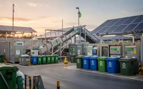 Eine moderne Abfallentsorgungsanlage mit Recyclingbehältern und Förderbändern unter einer Überdachung, beleuchtet von warmem Sonnenlicht. - Foto: über boerse-global.de