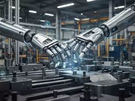 Eine humanoide Roboterhand interagiert präzise mit Industriemaschinen in einer Fabrikhalle, Symbol für fortschrittliche Automatisierung in der deutschen Industrie. - Foto: über boerse-global.de