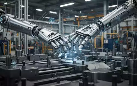 Eine humanoide Roboterhand interagiert präzise mit Industriemaschinen in einer Fabrikhalle, Symbol für fortschrittliche Automatisierung in der deutschen Industrie. - Foto: über boerse-global.de