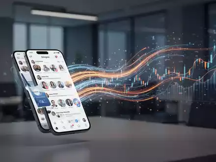 Abstrakte Darstellung von Datenflüssen von einem Smartphone, die sich in digitale Ströme und Finanzgrafiken verwandeln. - Foto: über boerse-global.de