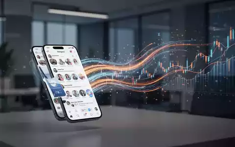 Abstrakte Darstellung von Datenflüssen von einem Smartphone, die sich in digitale Ströme und Finanzgrafiken verwandeln. - Foto: über boerse-global.de