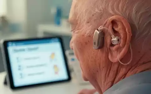 Nahaufnahme des Ohrs einer älteren Person mit einem dezenten Hörgerät, im Hintergrund verschwommen ein Tablet mit Quizfragen. - Foto: über boerse-global.de