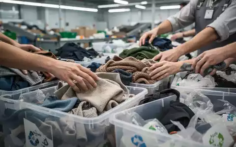 Hände sortieren verschiedene Textilien und Kleidungsstücke in Recycling- und Spendenbehälter in einer modernen Einrichtung. - Foto: über boerse-global.de