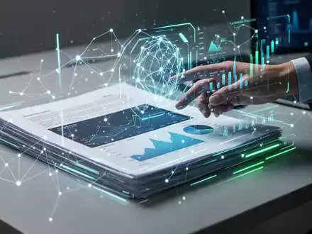 Glühendes neuronales Netzwerk über digitalen Finanzdokumenten und Diagrammen auf einem Schreibtisch, Hand interagiert mit holografischer Schnittstelle. - Foto: über boerse-global.de