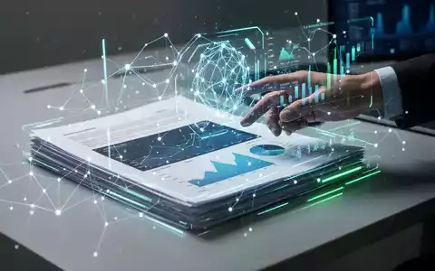 Glühendes neuronales Netzwerk über digitalen Finanzdokumenten und Diagrammen auf einem Schreibtisch, Hand interagiert mit holografischer Schnittstelle. - Foto: über boerse-global.de