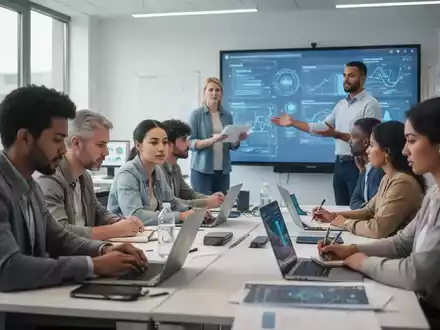 Eine Gruppe Erwachsener nimmt an einer beruflichen Weiterbildung teil, mit Laptops, Notizbüchern und einem Dozenten vor einem Bildschirm. - Foto: über boerse-global.de