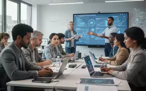 Eine Gruppe Erwachsener nimmt an einer beruflichen Weiterbildung teil, mit Laptops, Notizbüchern und einem Dozenten vor einem Bildschirm. - Foto: über boerse-global.de
