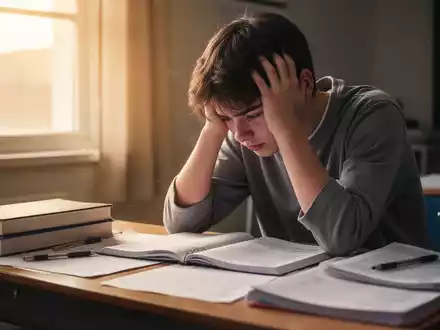 Ein junger Schüler sitzt mit dem Kopf in den Händen an einem Schreibtisch voller Bücher und Notizen, sichtlich gestresst und überfordert. - Foto: über boerse-global.de