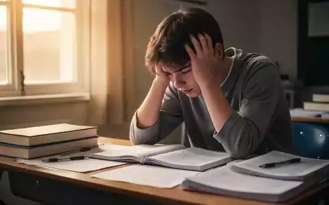 Ein junger Schüler sitzt mit dem Kopf in den Händen an einem Schreibtisch voller Bücher und Notizen, sichtlich gestresst und überfordert. - Foto: über boerse-global.de
