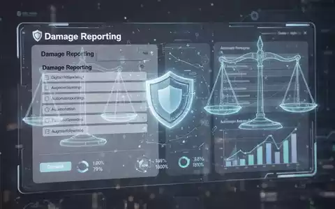 Digitale Oberfläche mit Online-Versicherungsformularen, KI-Analysen und holografischer Waage und Schild für Betrugsschutz. - Foto: über boerse-global.de
