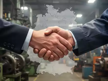 Zwei Hände, eine im Anzugärmel und eine in Arbeitskleidung, schütteln sich fest über einem industriellen Hintergrund. - Foto: über boerse-global.de