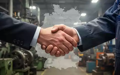 Zwei Hände, eine im Anzugärmel und eine in Arbeitskleidung, schütteln sich fest über einem industriellen Hintergrund. - Foto: über boerse-global.de