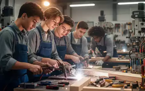 Junge Erwachsene in einer modernen Werkstatt, die praktische Aufgaben in der beruflichen Bildung ausführen, mit Fokus und Konzentration. - Foto: über boerse-global.de