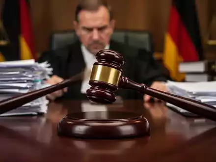 Ein Richterhammer schlägt kraftvoll auf einen Holzblock auf einem dunklen Schreibtisch, umgeben von Gesetzestexten. - Foto: über boerse-global.de