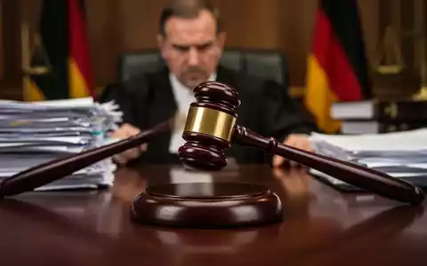 Ein Richterhammer schlägt kraftvoll auf einen Holzblock auf einem dunklen Schreibtisch, umgeben von Gesetzestexten. - Foto: über boerse-global.de