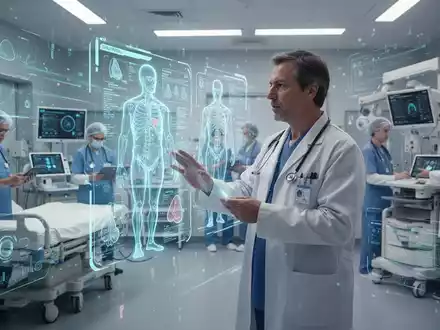 Ein Arzt interagiert mit einer holografischen Patientenakte in einem modernen Krankenhaus, umgeben von digitaler Technologie. - Foto: über boerse-global.de