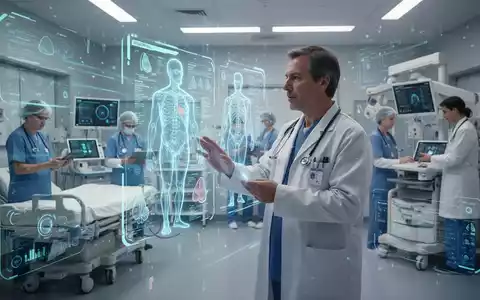 Ein Arzt interagiert mit einer holografischen Patientenakte in einem modernen Krankenhaus, umgeben von digitaler Technologie. - Foto: über boerse-global.de