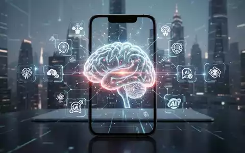 Ein stilisiertes, leuchtendes neuronales Netz in einem Smartphone-Bildschirm, umgeben von digitalen Symbolen, die KI-Dienste darstellen. - Foto: über boerse-global.de