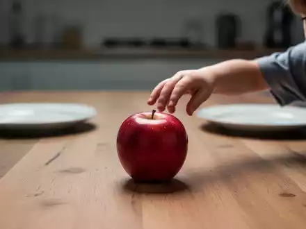 Eine Kinderhand greift nach einem einzelnen Apfel auf einem Holztisch, im unscharfen Hintergrund leere Teller. - Foto: über boerse-global.de