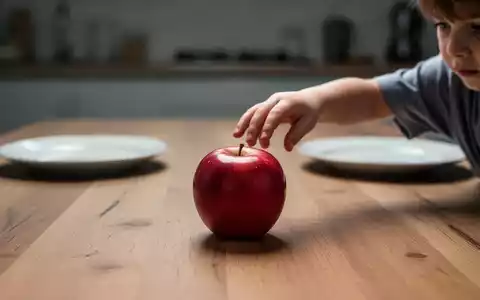 Eine Kinderhand greift nach einem einzelnen Apfel auf einem Holztisch, im unscharfen Hintergrund leere Teller. - Foto: über boerse-global.de