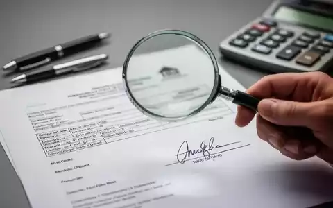 Eine Hand hält eine Lupe über eine Immobilienurkunde, mit einem Stift und einem Taschenrechner im Hintergrund. Fokus auf die Urkunde. - Foto: über boerse-global.de
